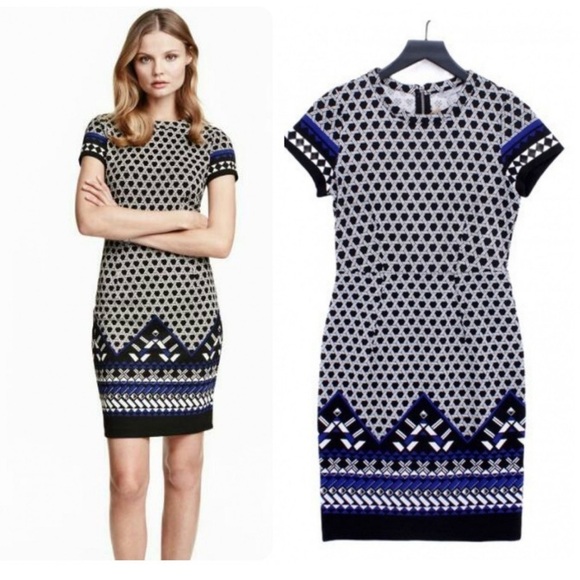 H&M Dresses & Skirts - NWOT Geometric H&M Black and Blue Patterned Midi Dress Light Sparkle Body Con